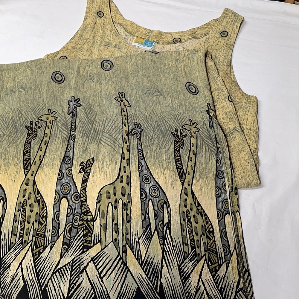 Sea Suns Giraffe‎ Print Dress Womens L Tan Grey Vintage 90s Sleeveless Maxi Tank